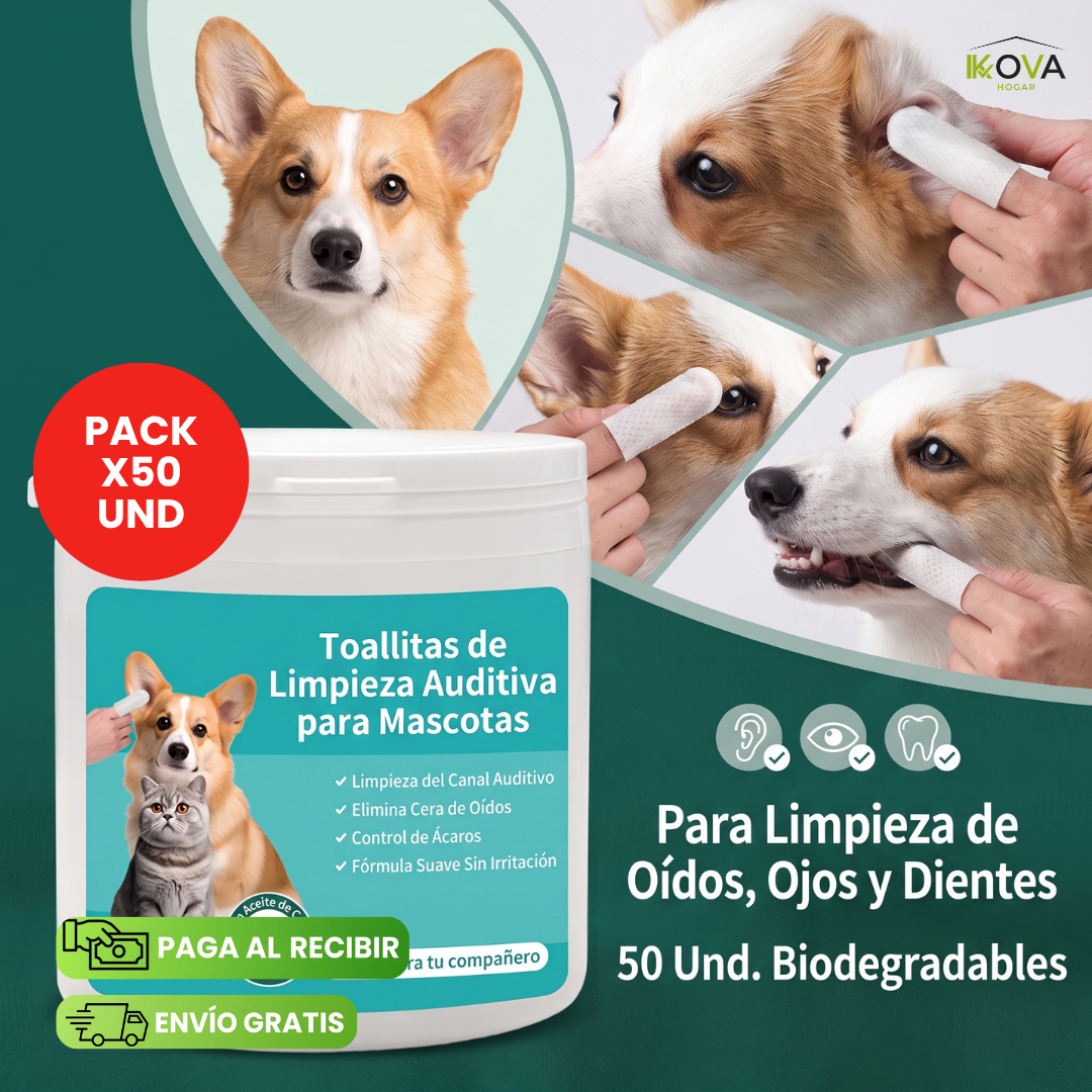 BarkBrite™ Pack x50 Und Toallitas Multiuso para Oído,Ojos, y Dientes  Para Mascotas